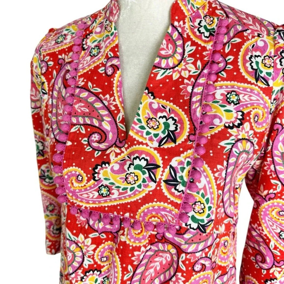 Boden Evangeline Linen Tunic Dress in Red Pop Mexican Paisley Size 4 petite - Picture 7 of 16